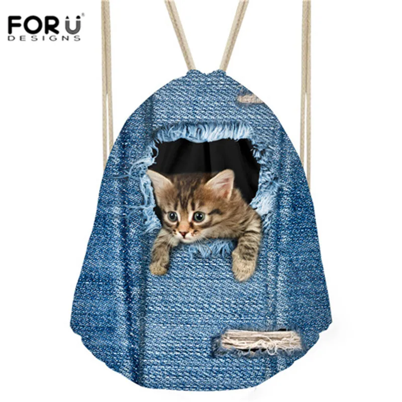 FORUDESIGNS/Женский мешочек с кулиской из джинсовой ткани Kwaii Cat 3D Pringting спортивная сумка унисекс для Женский тренажерный зал Сумка для хранения Mochila Feminina