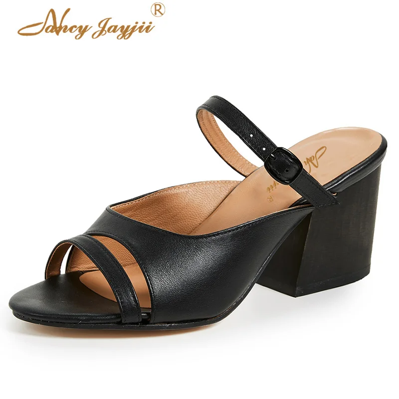 

Nancyjayjii Woman slippers Ladies shoes Adult Black solid Patent Leather Ankle-Wrap Spring/Autumn Buckle Super High Square heel