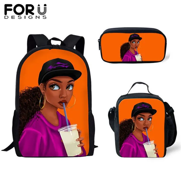 YQ3592CGK FORUDESIGNS 3 шт./компл. школьные сумки для девочек детский рюкзак с изображением мультипликационных персонажей для детей черного цвета в африканском стиле американская девушка с художественным принтом ранцы Mujer - Color: YQ3592CGK