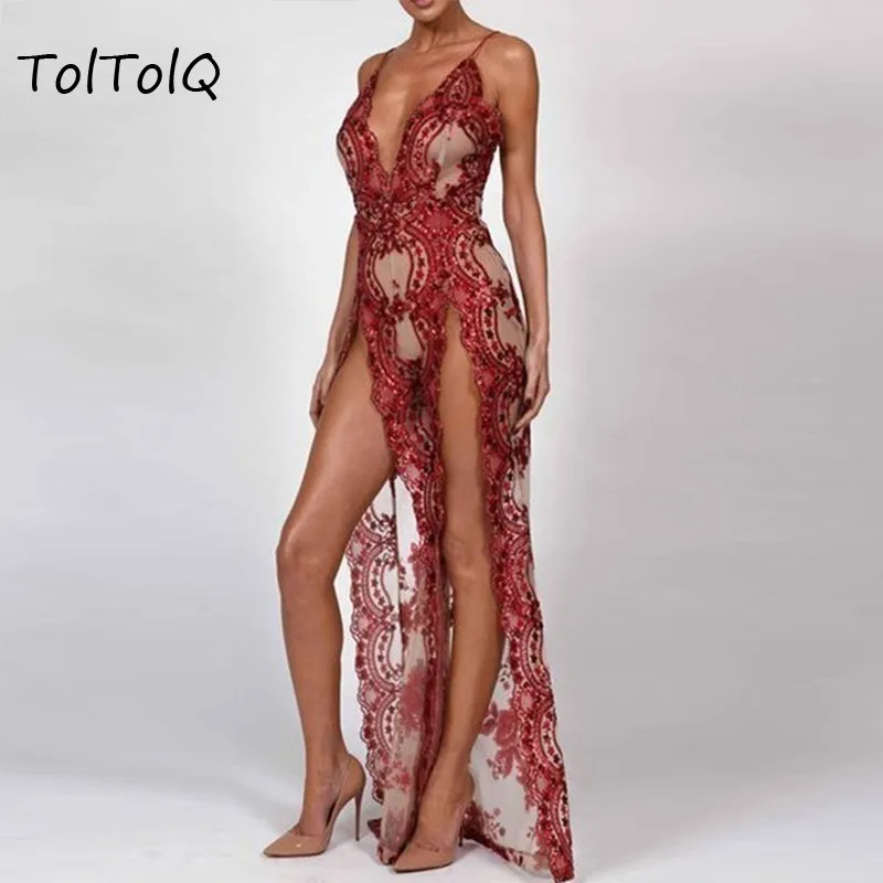 Backless Jumpsuit Women Rompers Sexy Side Split Bling Sequined Clubwear Party Night Casual Long Playsuit Drop Shipping | Женская одежда