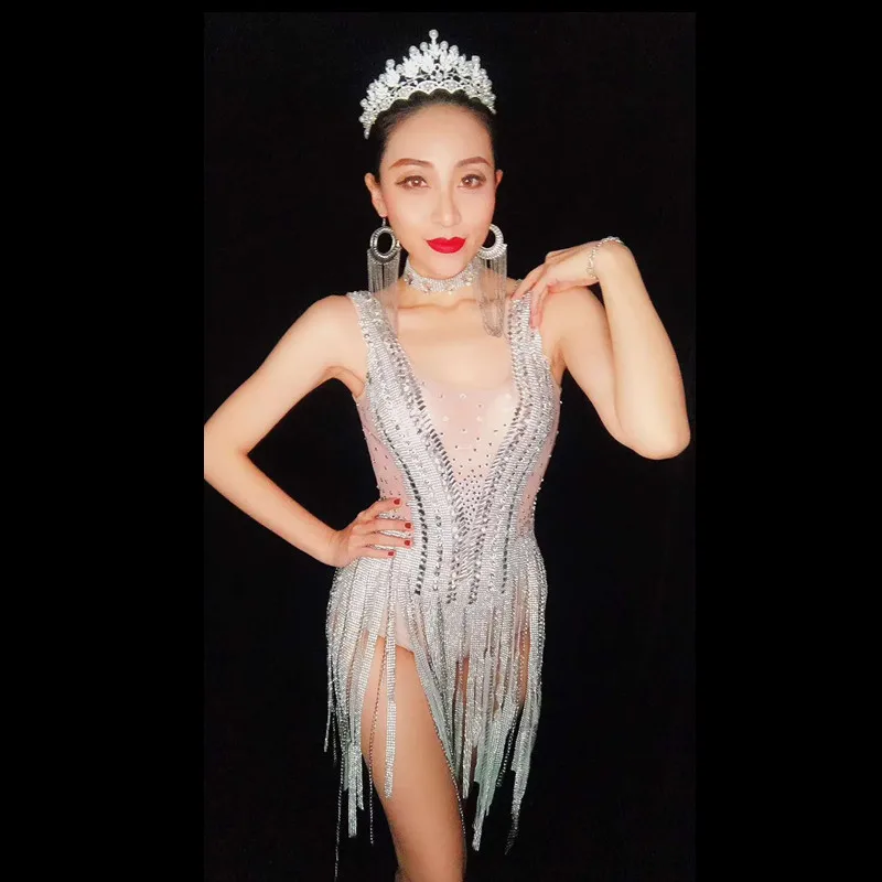 Женское Прозрачное платье с кисточками серебристое для ночного клуба танца на