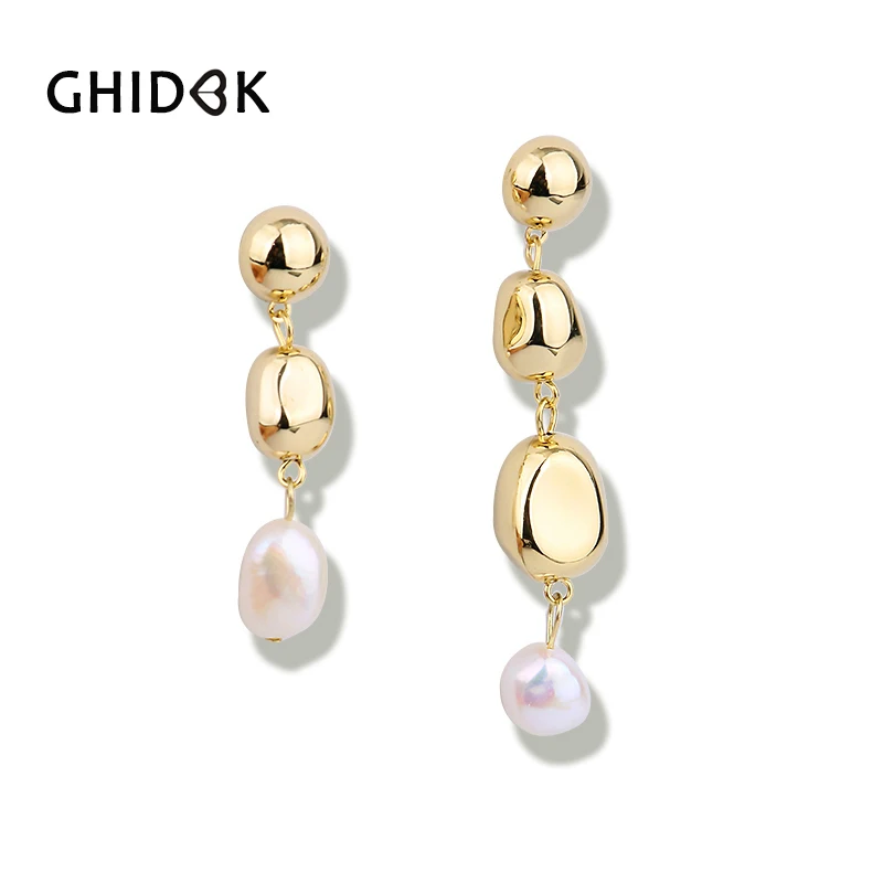 GHIDBK Gold Color Shaped Freshwater Pearls Drop Earrings for Women Asymmetric Long Baroque Hanging Brincos | Украшения и