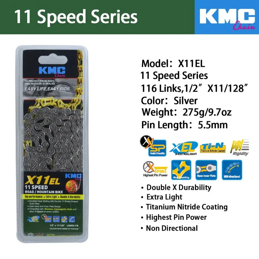 KMC X8 X9 X9sl X10 X10sl X11SL Z99 велосипедная цепь 9S 10S 11S золото для MTB/шоссейного велосипеда fo Shimano/SRAM 8 9 10 11 скорость 116л/цепной велосипед - Цвет: X11EL-Silver