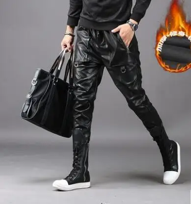 Autumn winter personality leather trousers mens pants casual harem pant mens feet trousers fashion pantalon homme street novelty