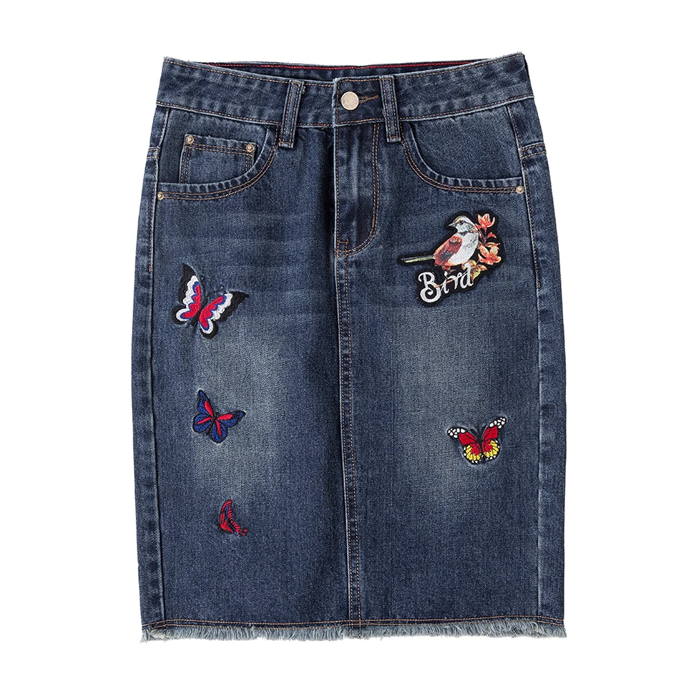 2017 для женщин Большие размеры S 4XL синие джинсы Юбки Винтаж бабочка птица Вышивка