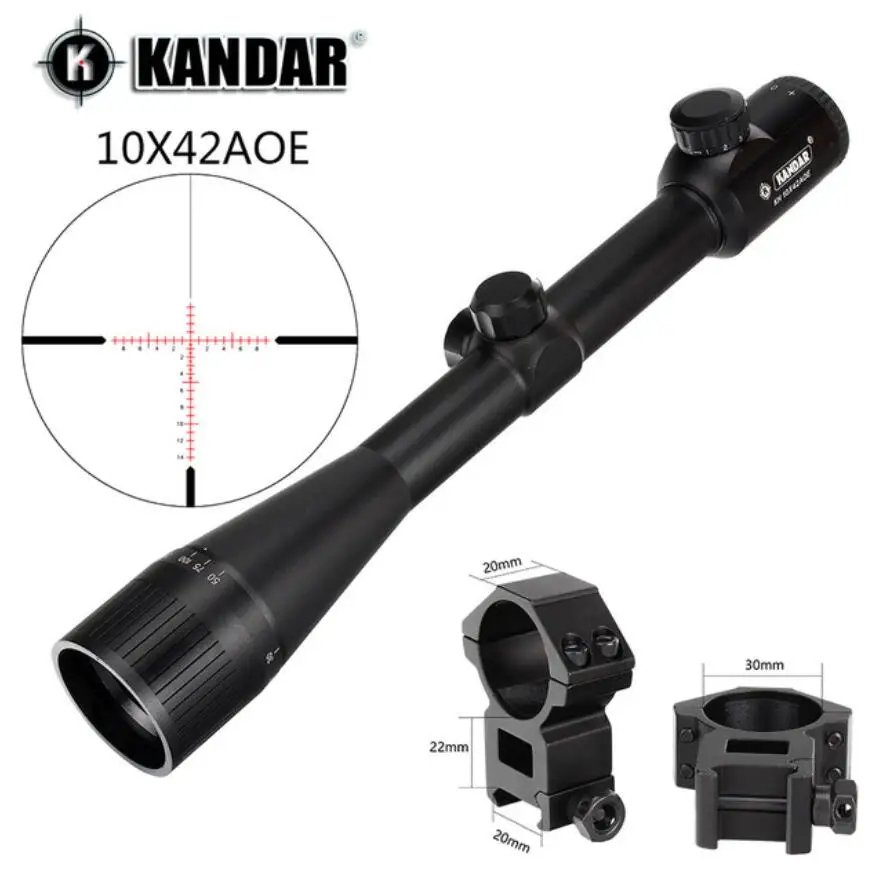 with picatinny ring1 KANDAR 10x42 AOE стекло сетка Красная подсветка прицел фиксированное увеличение 10x Охотничья винтовка прицел тактический оптический прицел - Цвет: with picatinny ring1