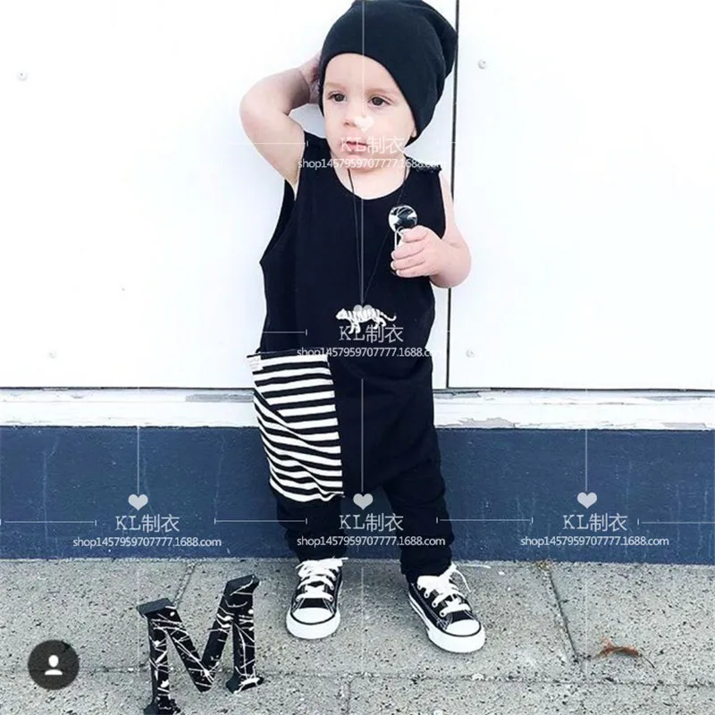 Black Romper EnkeliBB; коллекция года; Модный летний комбинезон для маленьких мальчиков; цвет черный, серый; комбинезоны в полоску для маленьких мальчиков; стильная свободная одежда; детские комбинезоны - Цвет: Black Romper
