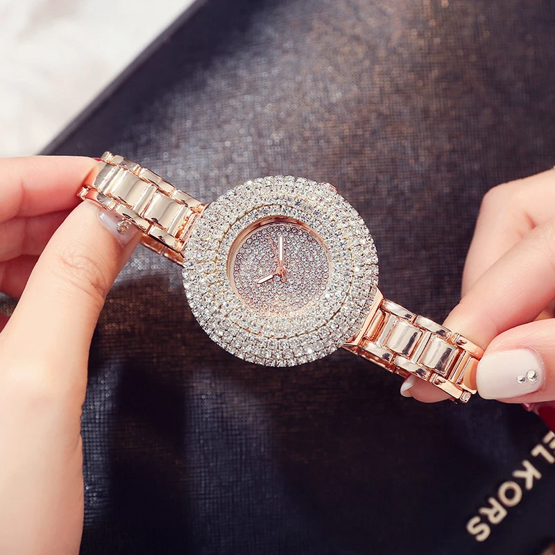 Роскошный топ бренд розовое золото женские кварцевые часы Bling Полный Кристалл циферблат браслет из нержавеющей стали платье женские наручные часы