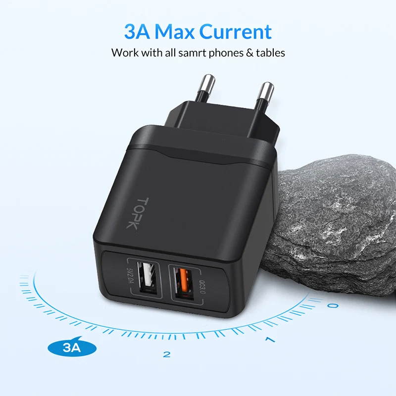 Быстрое зарядное устройство TOPK 3 0 28 Вт QC двойное USB европейская вилка дорожный