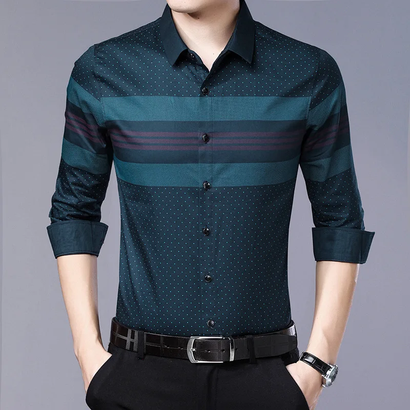 Social длинный рукав полосатый дизайнер Slim Fit винтажная мода Мужская рубашка платье