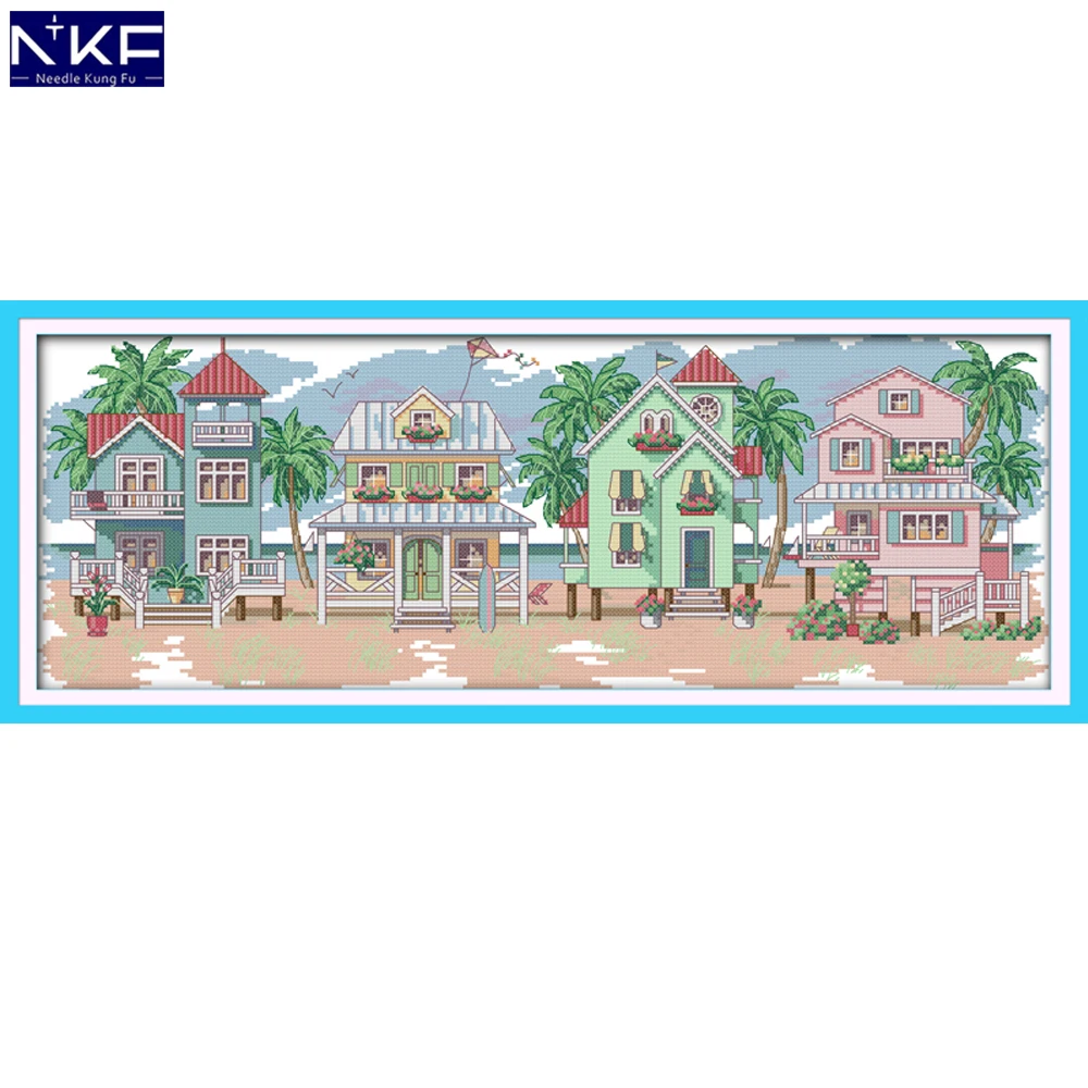

NKF Seaside Villages Stamped Cross Stitch Pattern DIY Kits Needlework Embroidery Set Chinese Cross Stitch for Home Decor