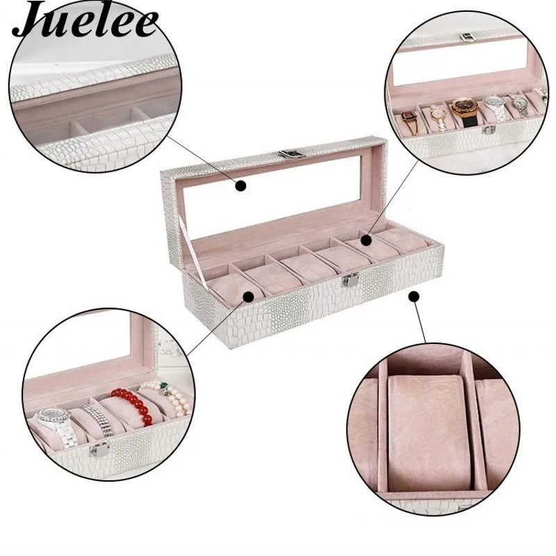 Juelee 6 сетки часы коробка для хранения крокодил узор PU часы шкатулка Органайзер Caixa Organizadora Caixa Cajas Organizadoras