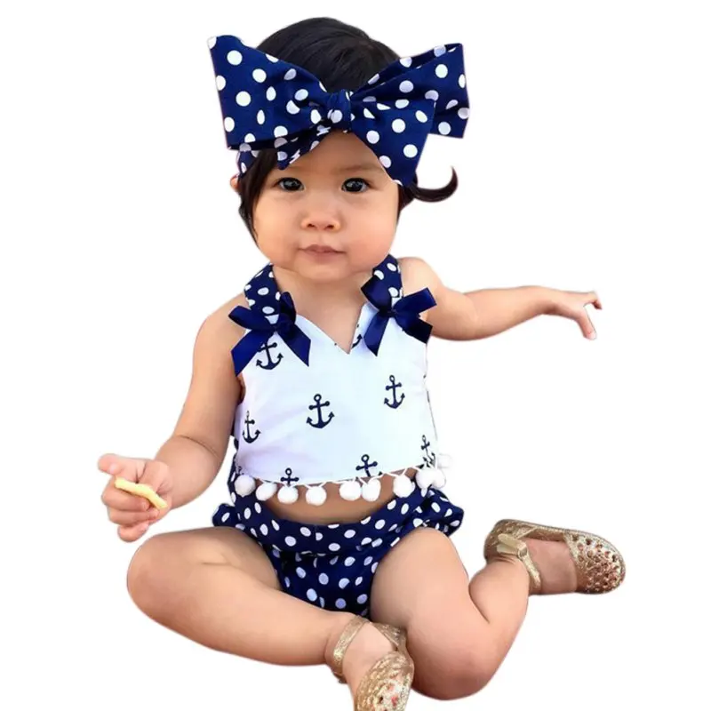 3 pcs/set Baby Girls Printing Patterns Clothing Set Ankle Tops + Polka Dots Underwear Summer Sunsuit Suit 0-24M | Мать и ребенок