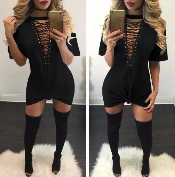 Женское платье футболка с глубоким V образным вырезом на шнуровке|dress vestidos|shirt dresst