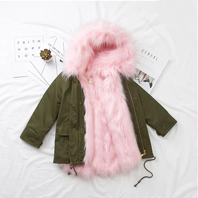 Green Wiith Pink Пальто с мехом для девочек-подростков детское зимнее пальто куртки с подкладкой из искусственного лисьего меха детская верхняя одежда плотное теплое пальто для маленьких девочек парки для мальчиков - Цвет: Green Wiith Pink