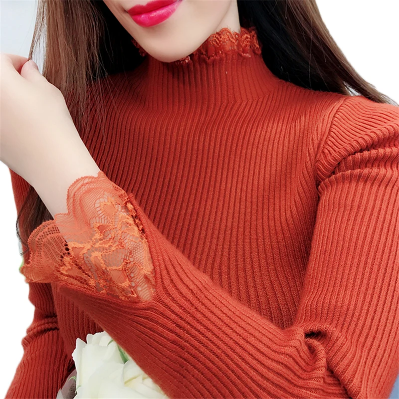 

Women Turtleneck Sweater Jumper 2018New Fashion Lace Panel High Elastic Knit Pullover Sweater Female Bottoming Shirt Clothing 80