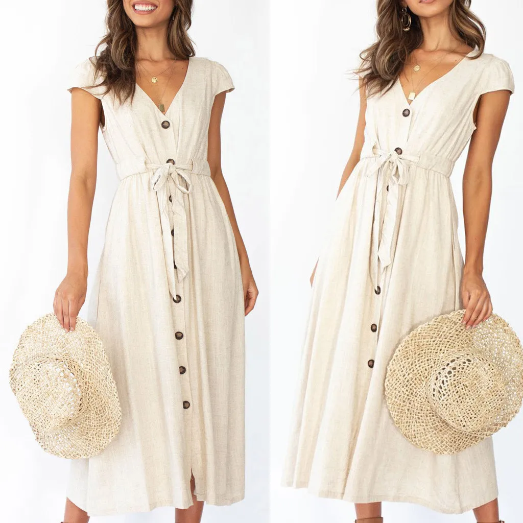 Новинка 2019 Стильное женское летнее платье на пуговицах с коротким рукавом и