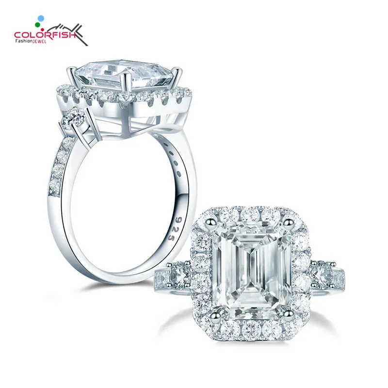 COLORFISH Роскошные 4ct 925 пробы серебро 3-обручальное кольцо с камнем для Для женщин площадь Sona синтетических Юбилей Свадебные Halo кольца