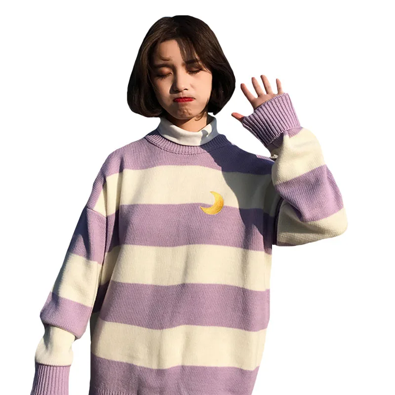 Женские свитера Kawaii Ulzzang, для колледжа, яркие цвета, в полоску, с Луной, наборы, вышивка, свитер для женщин, Harajuku, одежда для женщин