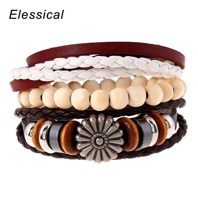 ELESSICAL модные несколько слоев Кожаные браслеты классический бисером DIY веревка