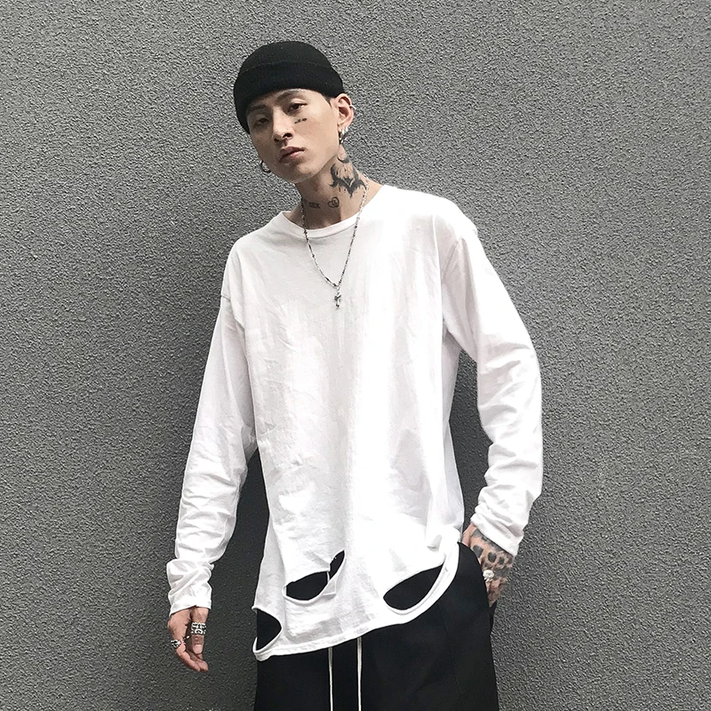 Винтажная Мужская одежда футболка с длинным рукавом дырками большого размера в