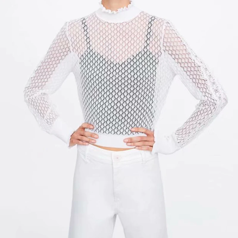 2019 Для женщин вязаный белый Летняя блузка Женский Chic льда шелка с длинным рукавом