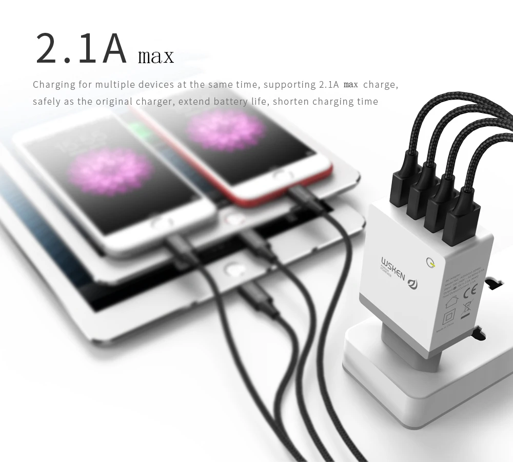 Wsken 4 USB зарядное устройство адаптер для iPhone iPad безопасная 2.1a Быстрая зарядка EU/US/UK вилка путешествия/настенное зарядное устройство для Samsung huawei Xiaomi