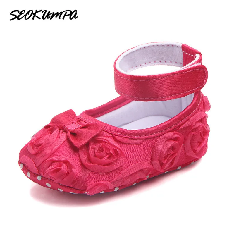

2018 Toddler Newborn Baby Crib Shoes Bow Rose Princess Baby Soft Sole Anti-Slip Prewalker For Wedding Baby Girls First Walk