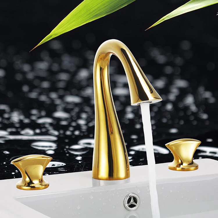 

Free ship Contemporary Waterfall Brass Ti-PVD gold Swan Bathroom Sink Faucets Widespread 3 Holes