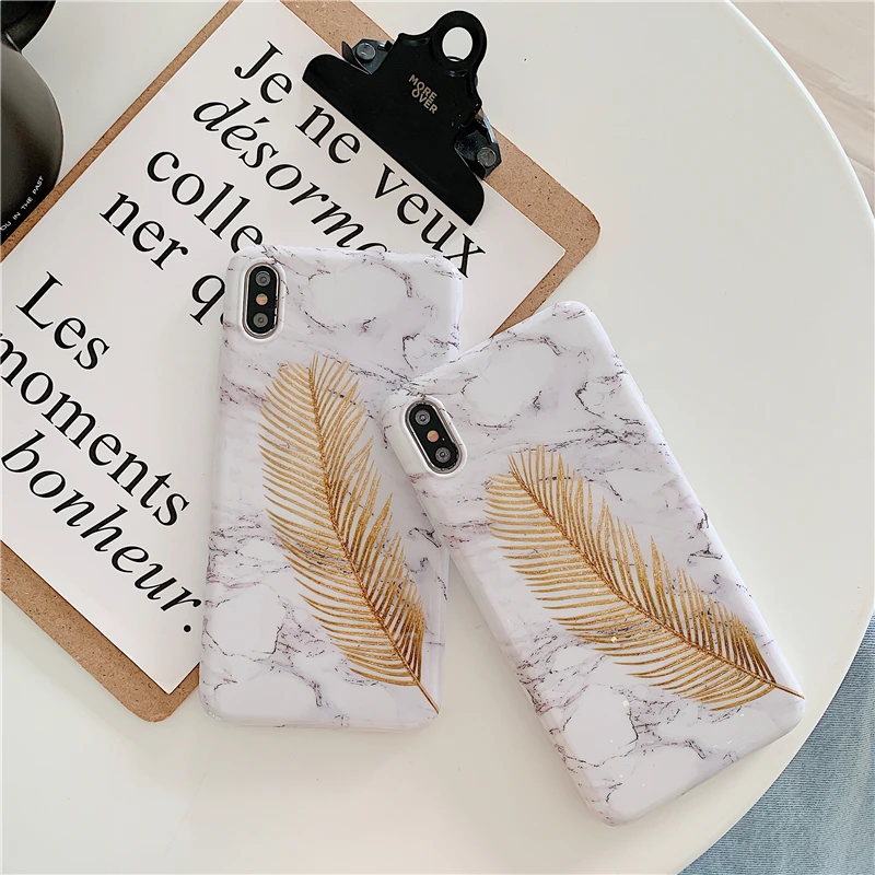 KEXIN Phone Case For iPhone XS MAX XR X Funny Gold Feather Gray Marble Design 7 8 6S Plus Anti-knock Soft Back Cover |