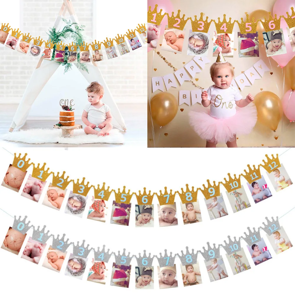 Baby Shower Glitter Crown Birthday Party Glitter Crown Monthly Photo Digital Banner 1-12 Months Garland Garland Party Decor Hot