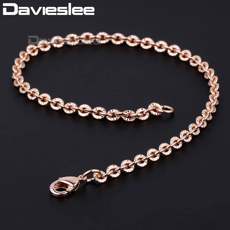 Davieslee 3 мм 18 см 20 см 23 см женский браслет 585 однотонный цвет розовое золото желтый Rolo круглая цепочка GB395A - Окраска металла: Rose Gold GB395