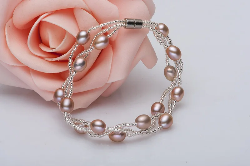 purple pearl bracele Модный браслет из натурального пресноводного жемчуга, женский браслет с жемчугом, ювелирные изделия в форме риса, многослойный жемчуг, brcelets - Цвет камня: purple pearl bracele