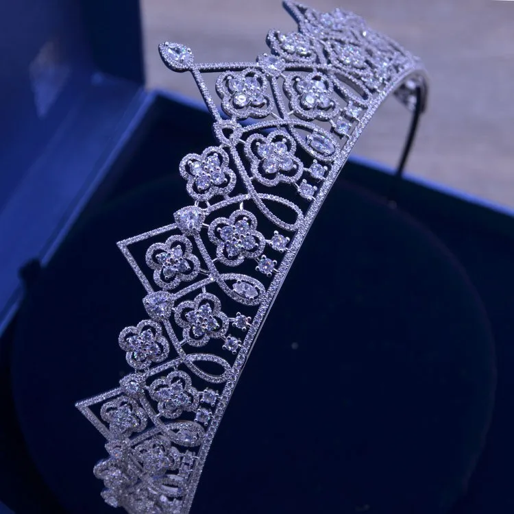 SLBRIDAL роскошный, Кристальный, со стразами медь, кубический цирконий свадебная тиара CZ Свадебная Королева Принцесса пышные вечерние Корона подружки невесты