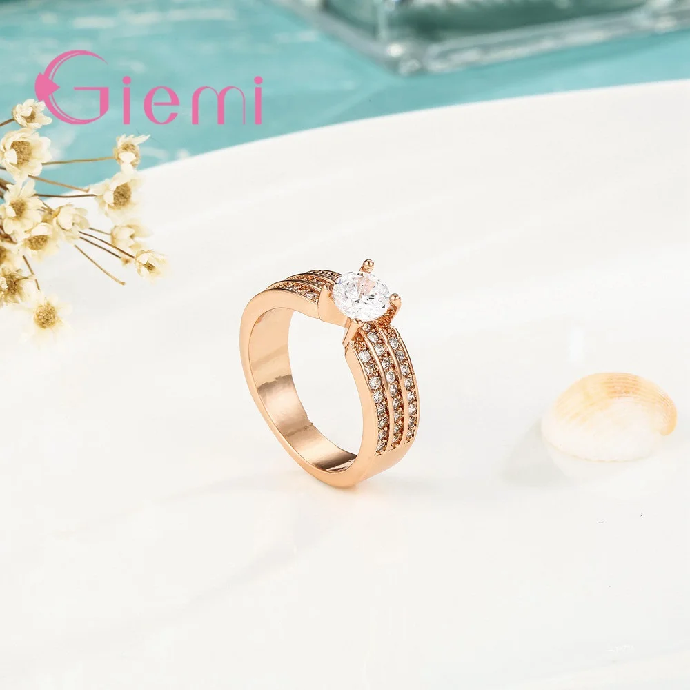 Precious Super Shining Cubic Zirconia Finger Rings Solid Rose Gold Color Crystal Jewelry Present For Girls Bridal Wedding | Украшения и