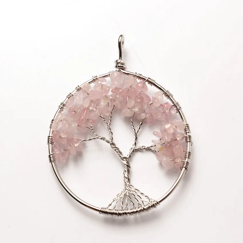 

Trendy-beads Silver Plated Natural Rose Pink Quartz Wire Wrap Tree of Life Pendant For Female Party Jewelry