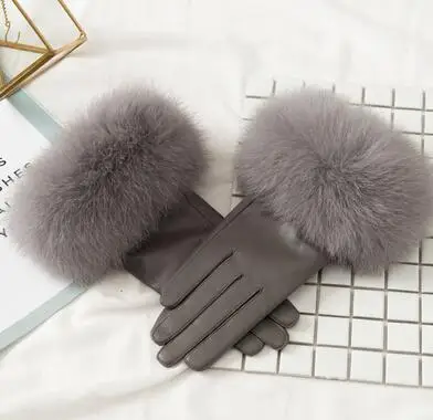Gray Зимняя мода натуральный Лисий мех овчины кожаные перчатки теплая толщина открытый guantes Женские варежки - Цвет: Gray