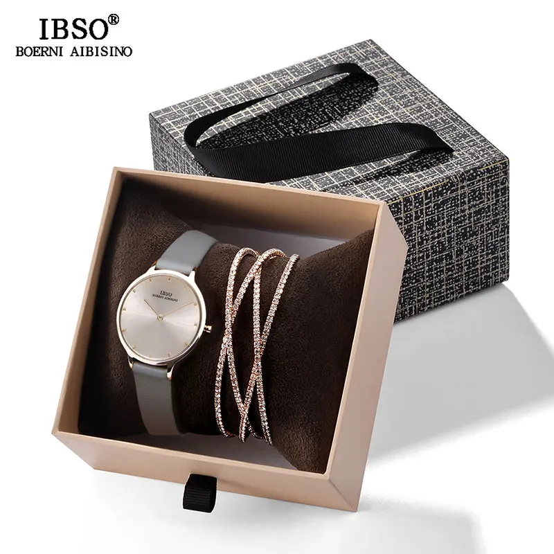 LM1001 grey set IBSO женские кожаные часы набор розовый золотистый браслет со стразами ювелирные часы Рождественский подарок коробка для женщин ювелирные часы набор - Цвет: LM1001 grey set