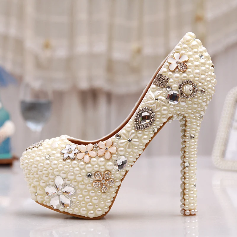 Туфли женские с жемчугом высокий каблук круглый носок шпилька платформа