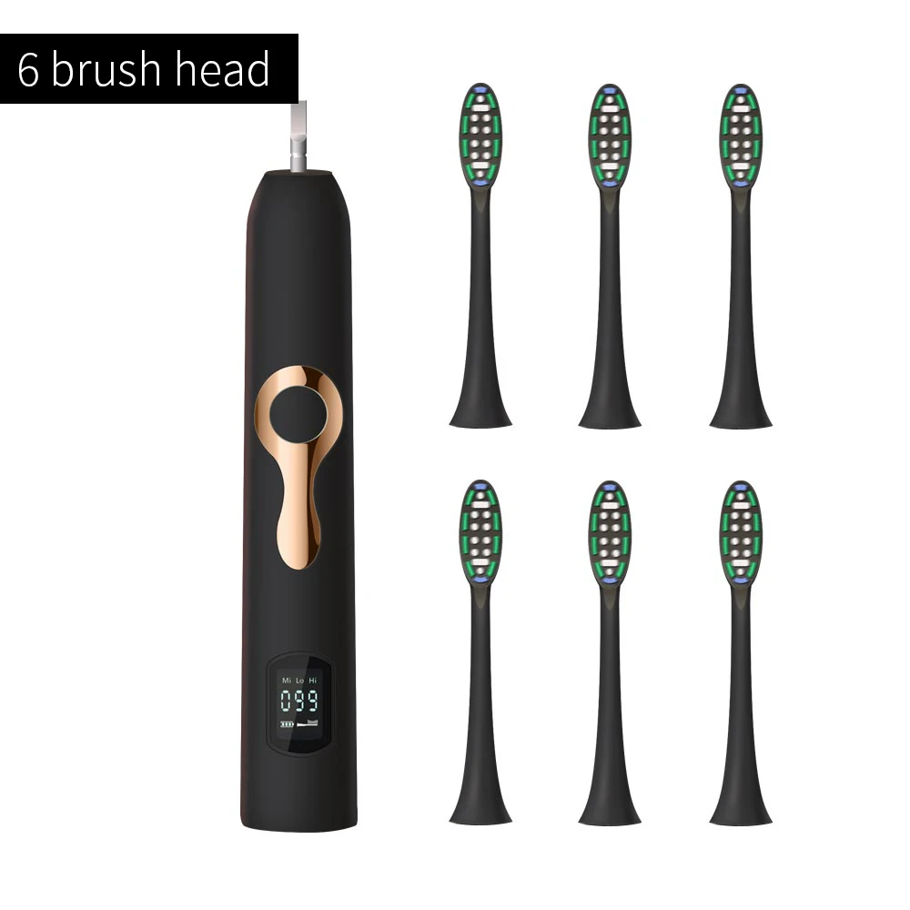 608 Black 6heads HERE-MEGA ультра звуковая электрическая зубная щетка 3 модели перезаряжаемая батарея Водонепроницаемая зубная отбеливающая зубная щетка с таймером - Цвет: 608 Black 6heads