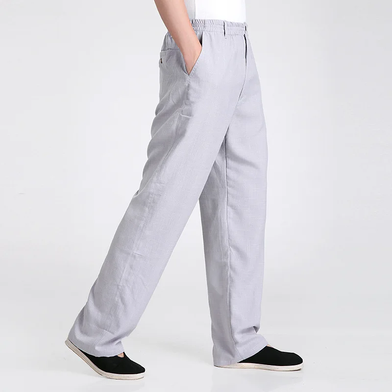 Новое поступление серые китайские мужские брюки кунг-фу хлопковые льняные Wu Shu