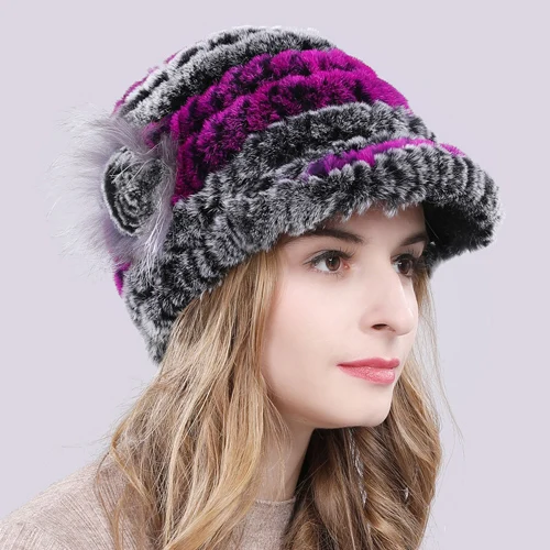 grey purple Новая натуральная шапка из кроличьего меха Рекс женская зимняя Цветочная Настоящий мех кролика шапка эластичные шапочки теплая Модная женская зимняя шапка из натурального меха - Цвет: grey purple