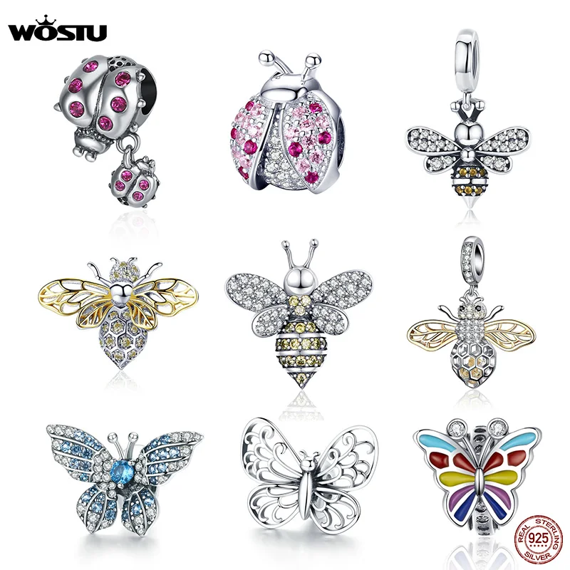 WOSTU, настоящая 925 пробы, серебро, божья коровка, история, пчела, бабочка, бусины с насекомыми, CZ, подвеска, подвеска, подходит для изготовления браслетов, ювелирных изделий