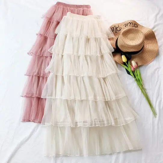 

Womens Cake Layered Maxi Long Tulle Skirts Streetwear Tiered Mesh Ruffled Tutu Ankle Long Skirts Pink Gray Ivory