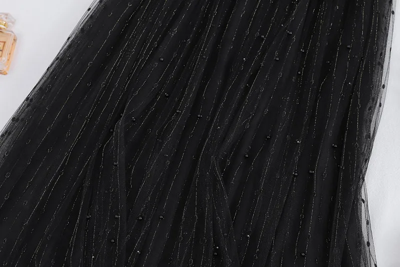 New Korean Skirts Womens Tulle Skirt Beaded Fashion Wild Big Swing Star Mesh Skirt High Waist Pleated Saias Plus Size