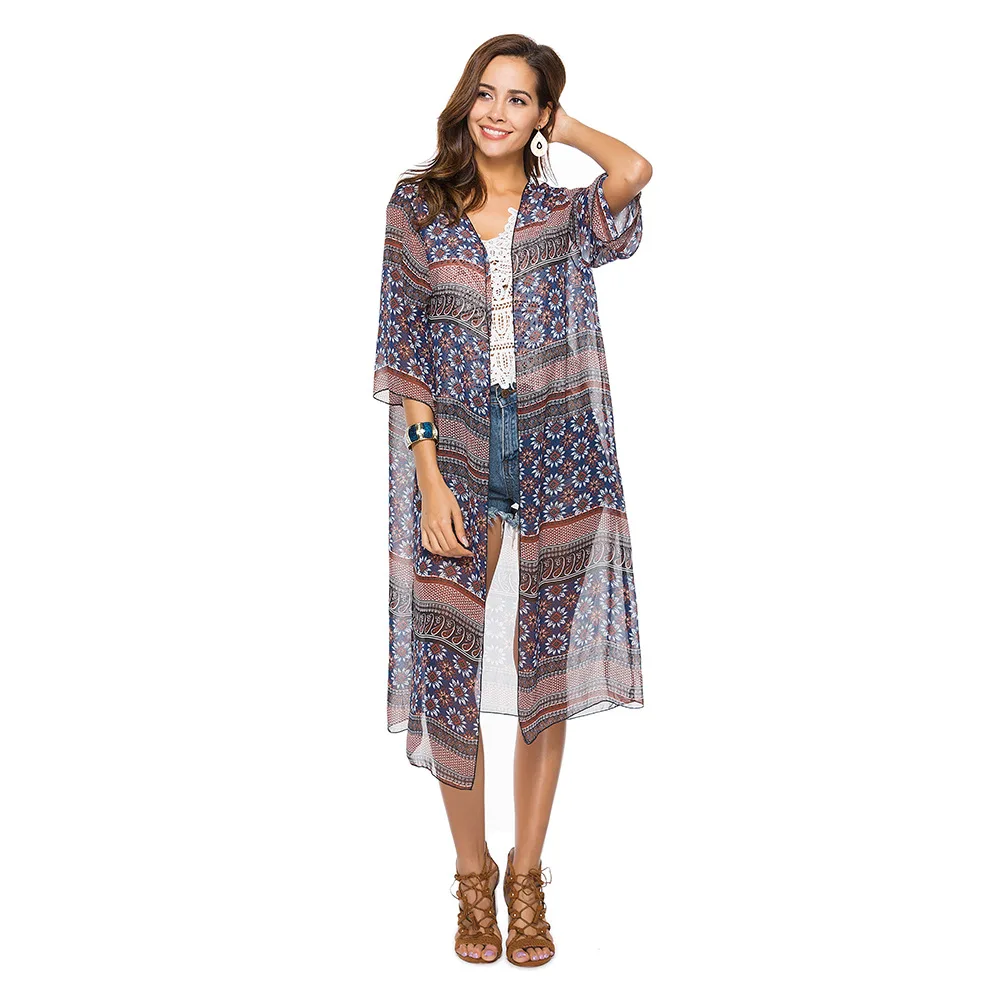 Spring Summer New Ladies Beach Cover Shirt Three Quarter-sleeved Printed Chiffon Cardigan Original Women |