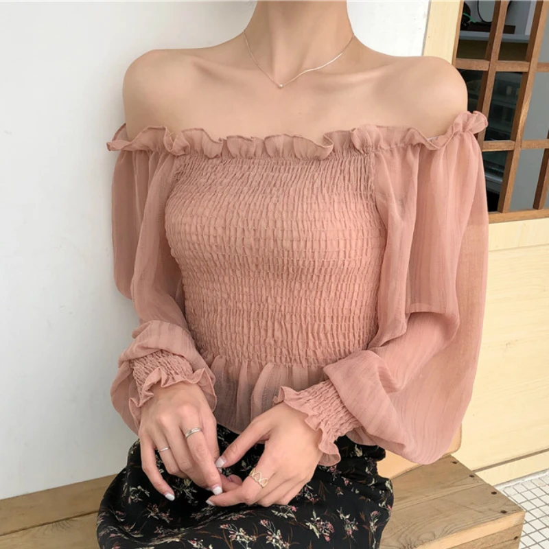 Сексуальная Slash шеи с открытыми плечами топы Модные женские и блузки 2021 шифоновая