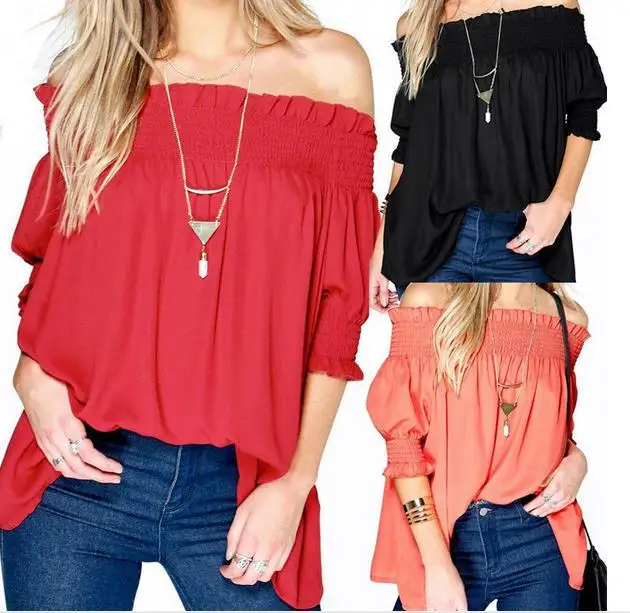 Весна 2017 новый стиль шифоновые Женские топы с воротником лодочкой Повседневная