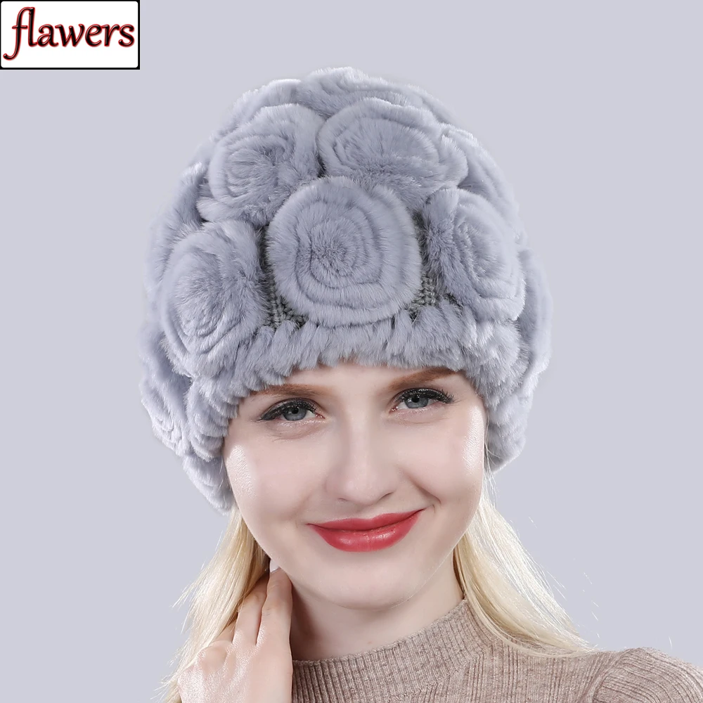 

New Women Good Elastic Flowers Real Rex Rabbit Fur Hat Winter Knitted Floral 100% Natural Fur Hats Lady Fluffy Genuine Fur Caps