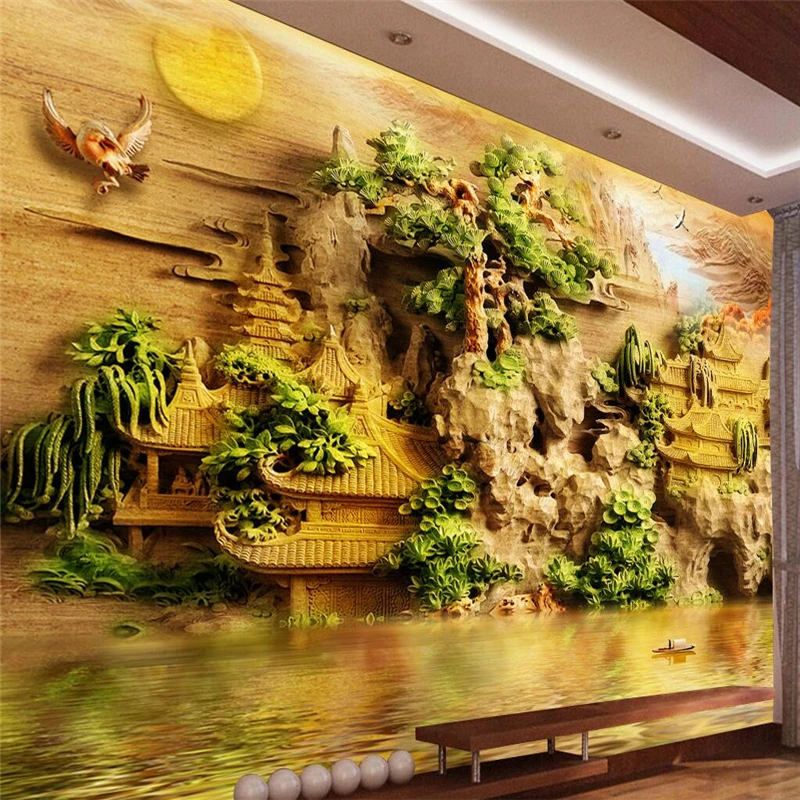 beibehang Customize any size mural wallpaper Sendai pavilion jade carved 3D carved bedroom bedroom background wall wallpaper